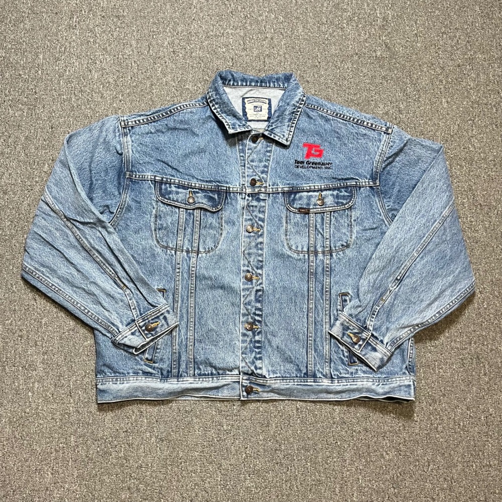 Vintage Lee Denim Trucker Jacket 2XL‎ Light Blue Embroidered Workwear 90s 71075